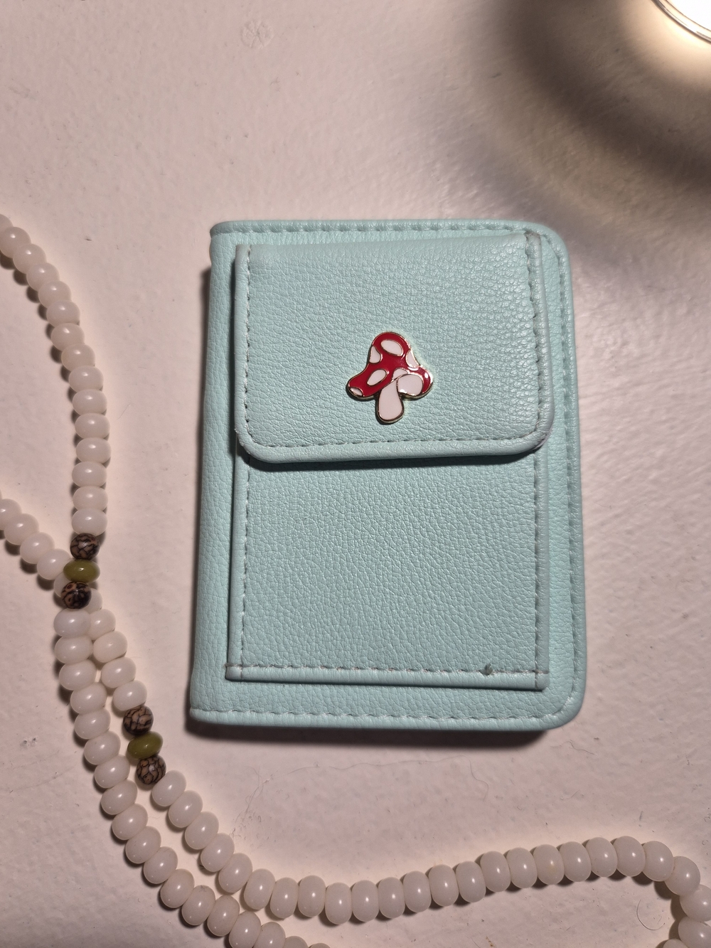 Claire's Mint Green Card Holder Wallet with Red & White Mushroom Pin